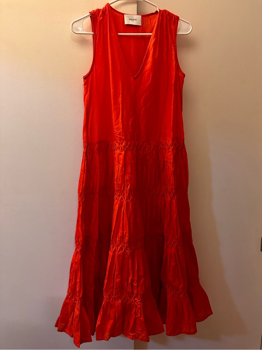 Merlette Sleeveless Red Tiered V-Neck Maxi Dress minimalist lightweight Fire